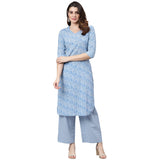 idaLia Sage Blue Printed Straight Cotton Kurta and Palazzo Set for Women