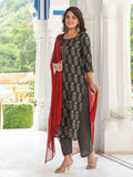 Anni Designer Women'S Cotton Blend Printed Straight Kurta With Pant & Dupatta (Dini Green_Xxl_Green_Xx-Large),Green,2XL,Cotton Blend,Regular,
