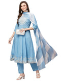 Stylum Women Cotton Anarkali Kurta Pant and Dupatta set (KPDSKYSTAR42_Light Blue_XL)