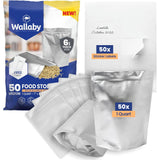 Wallaby 50 Count 1-Quart Gusset Mylar Bags with Labels, 12 Mil Total Thickness Long-Term Food Storage Pouches, 10x7 Stand-Up Zip