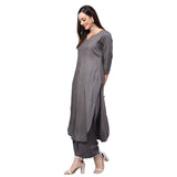 idaLia Grey Rayon Straight Solid Kurta Set for Women 3/4 Sleeve, Round V Neck Designer Kurta Set with Palazzo for Women