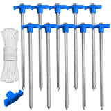 ABCCANOPY 8 Inch Tent Stakes 10 Pcs Non-Rust Metal Ground Anchors, Heavy Duty Spikes with 4 Ropes for Outdoor Camping, Blue