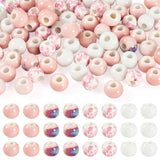 Boutigem 80Pcs Porcelain Round Beads 6-7mm Round Bright Glazed Chinese Ceramic Spacer Beads Pink White Flower Printed Handmade C