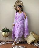 Anni Designer Women'S Cotton Blend Straight Printed Kurta With Pant & Dupatta (Baiyaan Purple_L_Purple_Large),Purple,L,blended,Regular,Dupatta