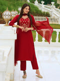 Anni Designer Women'S Cotton Blend Embroidered Straight Kurta With Pant & Dupatta (Bgm Maroon_M_Maroon_Medium),Maroon,M,,,
