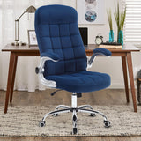 REFICCER High Back Fabric Office Chair Blue, Velvet Executive Desk Chair with Flip-Up Arms, Ergonomic Office Chairs with Lumbar