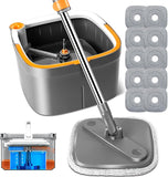 KZKR Spin Mop and Bucket Set with 10 Replaceable Microfiber Mop Pads with Self Separation Dirty and Clean Water System, Self Wri