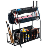 MyGift 3 Tier Black Metal Sports Rack Organizer Cart with Wheels and Mesh Fabric Shelf Baskets, Rolling Gym Equipment Yoga Mat S