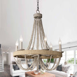 Rustic Chandelier with Wood Beads & Rope, 6-Light Farmhouse Boho Ceiling Light, Adjustable Chain (39.4), Iron/Wood/Jute Rope, No