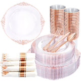 Nervure 350PCS Rose Gold Plastic Plates - Rose Gold Plastic Dinnerware Sets for 50 Guests - 100 Disposable Plates, 150 Silverwar
