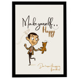 Mira Mest Make Yourself Happy Wall Art Frame | Positive Quote Artwork With Cartoon Man & Teddy | Self Happiness Motivational Pos