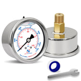 NexSphere 160 PSI Liquid Filled Pressure Gauge, 2 Dial, 1/4 NPT Back Mount, Stainless Steel Case, IP67 Waterproof, Brass Connect