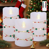 Christmas Flameless Candles with Red Green Beads String Lights - Real Wax Christmas Decor Battery Operated Candles with Remote &