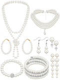 BBTO 8 Pcs Pearl Necklace and Earrings Set for Women Pearl Bracelets Costume Jewelry Set for Wedding Bridal Halloween Party(Vint