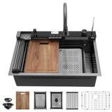 Talllor Waterfall Kitchen Sink 30 Inch Multifunctional Drop In Workstation Smart Sink Matte Black 304 Stainless Steel Single Bow