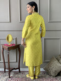 Wedani Muslin Floral Printed With Lace Border Kurta Pant Set With Dupatta For Women,YELLOW,M,Cotton Blend,A-Line,