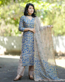 Anni Designer Women'S Cotton Blend Straight Printed Kurta With Pant & Dupatta (Moringa Blue-Nw_3Xl_Blue_Xxx-Large),Blue,3XL,,,
