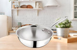 WEKTU Triply Stainless Steel Wok 24 CM with 3L Capacity Induction Compatible, HeavyDuty Stir Fry Pan