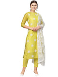 Anni Designer Women'S Cotton Blend Straight Embroidered Kurta With Pant & Dupatta (Enter-Lime-Green-Jan02_Xl_Lime Green_X-Large),Lime Green,XL