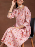 Libas Womens Printed Silk Blend A-Line Kurta With Trousers Pink 2Xl