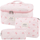 Dkieuyu 3 Pcs Quilted Makeup Bag Set, Bow, Coquette, Floral Make Up Bag - Large Toiletry Cosmetic Bags Organizer for Women & Gir