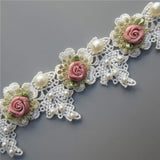 1 Yard Vintage Gold Pearl Rose Flowers Embroidered Lace Trim Fabric Floral Appliques Lace Ribbon Bridal Ornaments Handmade DIY S