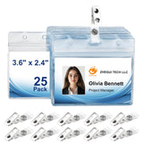 Clear Horizontal Name Tag Holders with Metal Clips, 25 Pack Waterproof PVC ID Card Holder, Plastic Name Badge Holders for Office