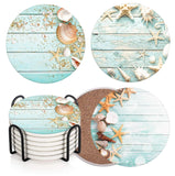 Britimes Coaster for Drinks Set of 6, Beach Seashells Wooden Nautical Wood Sand Table Coastal Absorbent Round Ceramic Stone Mat,