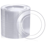 FOCUSLINE 100 Count Clear Silver Plastic Plates 7 Inch, Disposable Heavy Duty Clear Plates with Silver Rim, Premium Hard Plastic