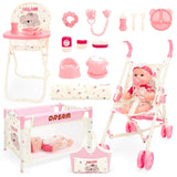 deAO Baby Doll Stroller Toys with 12 Baby Doll Accessories Crib Bed High Chair Nursery Role Play Set Play Mat,Travel Cot,Bouncer