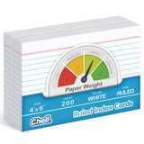 Chell Ruled Index Cards 4x6 Inch Heavyweight, 200 Count, Ruled Front and Blank Back, 65 lb. Cover Weight, White