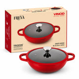 Vinod Freya Cast Iron Deep Kadai with Glass Lid, 24 cm 2.4 L | TREON Technology Enamel Kadhai for Frying, Sabzi & Cooking | No S