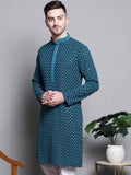 Jompers Mens Sequin Embroidered Pure Cotton Kurtas (Blue, S)