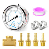 MEANLIN MEASURE 0-60Psi Stainless Steel Liquid Filled Pressure Gauge 1/4 NPT 2.5 FACE DIAL, with 1/4 5/16 Barbed, WOG Water Oil
