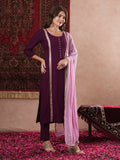 Anni Designer Women'S Cotton Blend Straight Solid Kurta With Pant & Dupatta (Dhulipala Wine_Xxl_Wine_Xx-Large),Wine,2XL,,,