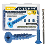 Krysay 130Pcs 3/16 x 1-1/4 in Concrete Screws with Drill bits,Masonry Screws for Concrete Assortment Kit,Flat Head Block Cement