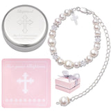 Tryuunion Baptism Bracelet in Sterling Silver and Cultured Pearls for Baby Girls, with Silver-plated Jewelry Keepsake Box, Great