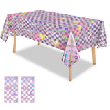 OQOQ Pink Checkered Iridescent Tablecloth (2 Packs), 54x108 Inches Pink Silver Plastic Table Cover Disposable Table Cloth Birthd