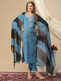 Anni Designer Women'S Cotton Blend Printed Straight Kurta With Pant & Dupatta (Suhana Blue_S_Blue_Small),Blue,S,,,