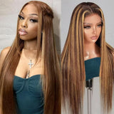 OOVVDA 32 Inch Wig Human Hair Highlight Ombre 13x6 HD Transparent Straight Lace Front Wigs Human Hair Pre Plucked 200% Density 4