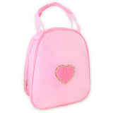 Fablinks Preppy Pink Lunch Bag for Women, Reusable Insulated Nylon Lunchbox for Work, Cute Compact Chenille Heart Patch Lunch Bo
