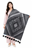 Manra WomenS Wool Blend Geometric Pattern Winter Stole With PomPom Tassels |Black | Free Size