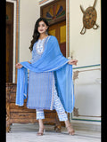 Anni Designer Women'S Cotton Blend Printed Straight Kurta With Pant & Dupatta (Sky Bird-Blue-Cm_M_Blue_Medium),Blue,M,Cotton Blend,Regular,Kurta, Scarf