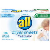 all Fabric Softener Dryer Sheets for Sensitive Skin, Free Clear, 120 Count