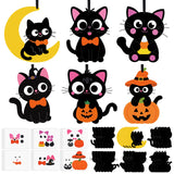 Yexiya 24 Sets Halloween Craft Kits Black Cat Crafts DIY Hanging Ornaments with Sticker and Ribbon Pumpkin Moon Corn Paper Hangi