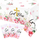 Ganeen 3 Pcs Baptism Tablecloth First Holy Communion Tablecloth God Bless Disposable Pink Plastic Waterproof Cross Table Covers