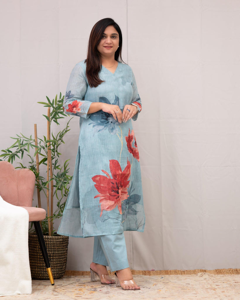 Anni Designer Women'S Rayon Viscose Straight Printed Kurta With Pant (Susan Sky-Vks01_Xl_Sky Blue_X-Large),Sky Blue,XL,,,
