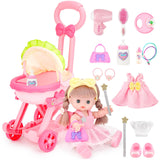 deAO Baby Doll Stroller with 12 inch Doll,Role Play Set with Foldable Stroller Toy,16 Pcs Baby Doll Accessories,Doll Nursery Pla