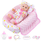 12 Inch Baby Doll Crib Playset with Dolls Clothes and Accessories Including Soft Sleep Bassinet Bed, Bottles, Nipple, Eye Mask,