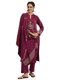 Libas Womens Woven Design Wool Straight Kurta With Trousers And Dupatta